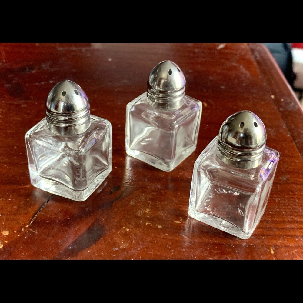 Vintage Mini Glass Salt + Pepper Shakers Set of 3 Glassware Collectible Dining